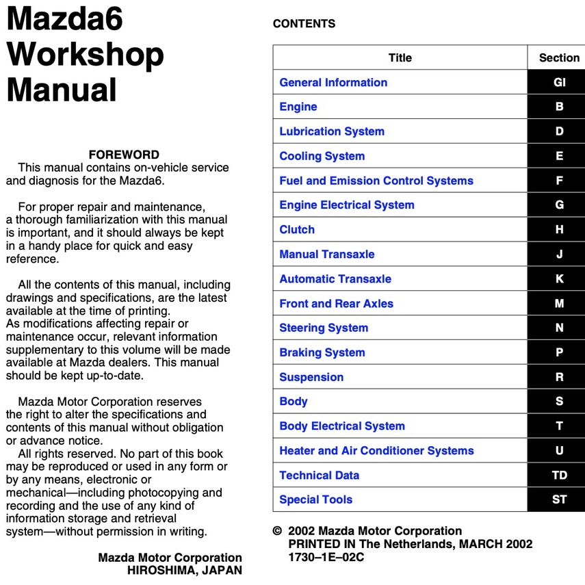Mazda 6 GG 2002-2007 Full Manual Set – Repair & Maintenance Manual - page 2