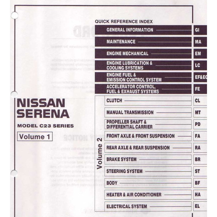 Nissan SERENA C23 1991-2001 Full Manual Set – Repair & Maintenance Manual - page 2