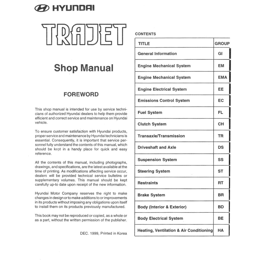 Hyundai TRAJET 1999-2008 Full Manual Set – Repair & Maintenance Manual - page 2