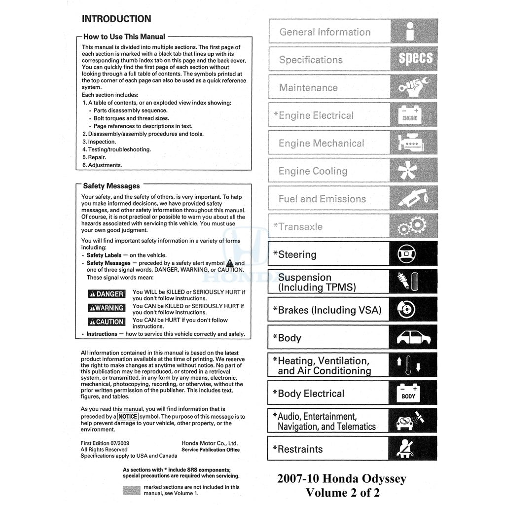 Honda ODYSSEY RL 2007-2010 Full Manual Set – Repair & Maintenance Manual - page 3