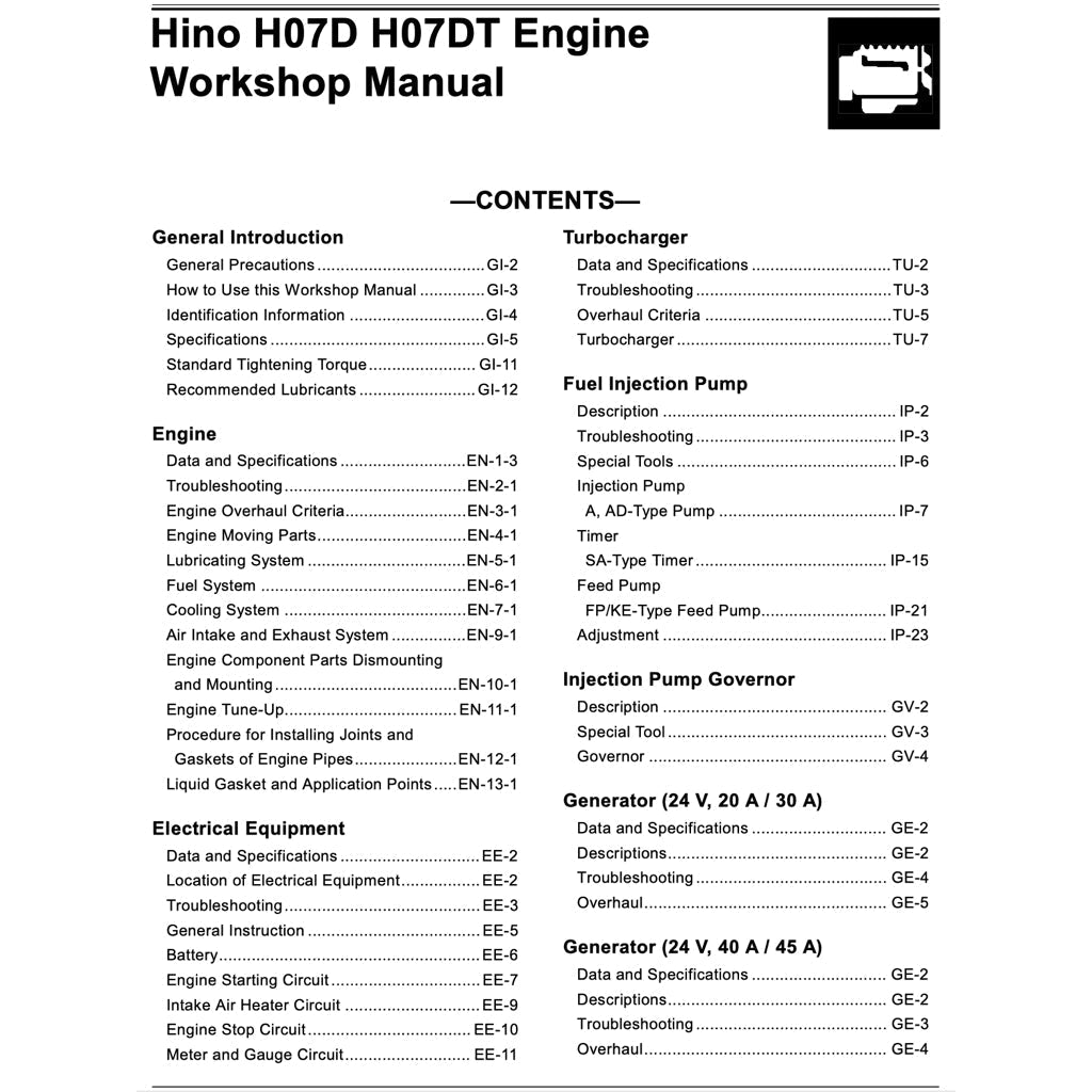 HINO Engine H07D /H07D-T Workshop Service Repair Manual - page 4