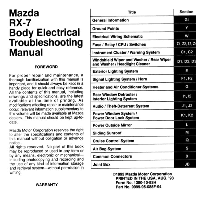 Mazda RX-7 FD 1993-1997 Full Manual Set – Repair & Maintenance Manual and Wiring Diagram and Electrical TROUBLESHOOTING Manual - page 9