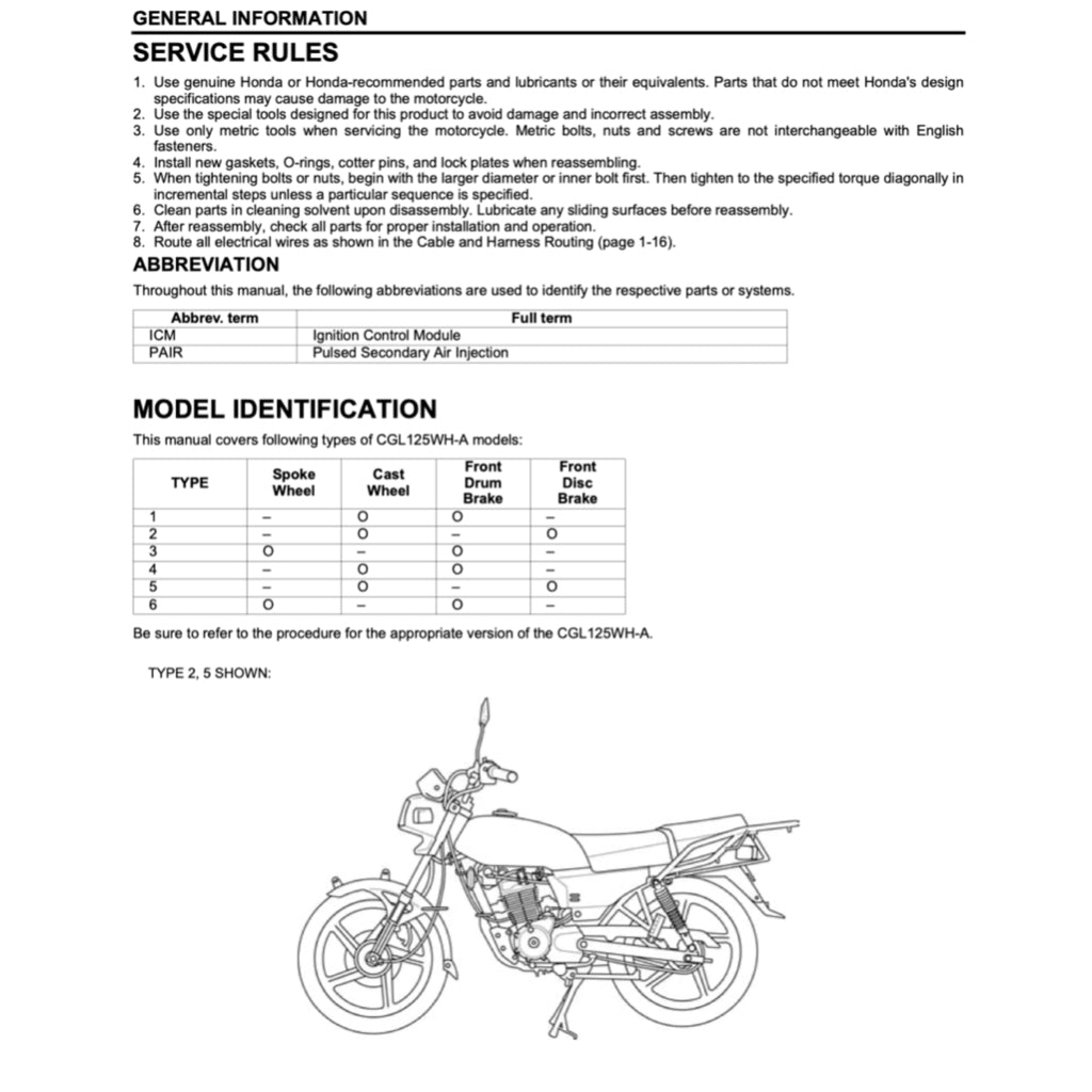 Honda CGL125 WH-A 2006-2015 Full Manual Set – Repair & Maintenance Manual and Spare Parts Catalog - page 3