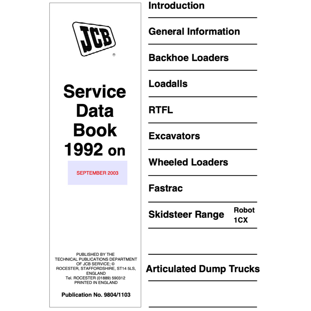 JCB Service DATA BOOK 1992-2003 Full Manual Set – LOADERS / EXCAVATORS / RTFL / FASTRAC - page 2